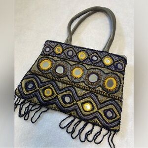 Vintage 90s Y2K handbag silk embroidered boho beaded mirrors purse evening bag